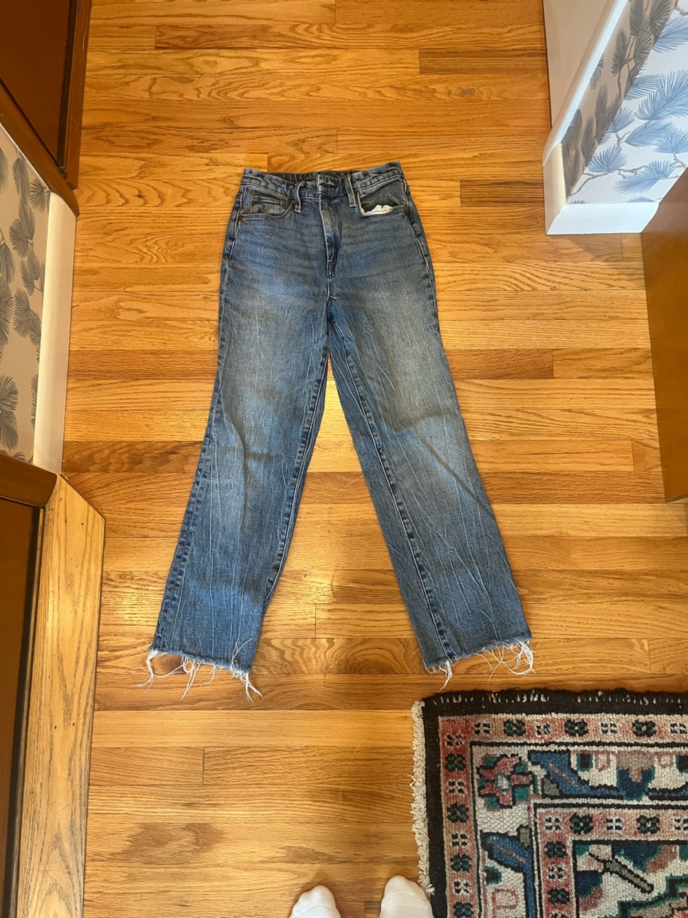 Blank NYC Faded Blue Straight Jeans with Frayed Hem